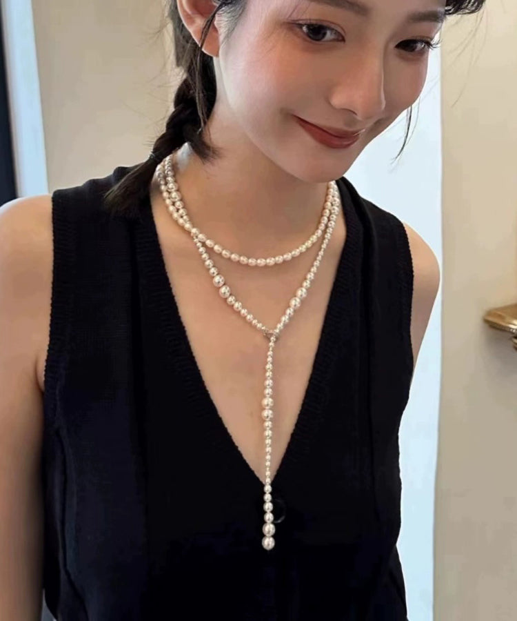 Simple White Stainless Steel Pearl Beading Gratuated Bead Necklace Wq022