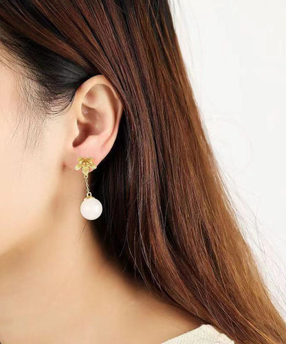 Skinny White Ancient Gold Jade Drop Earrings