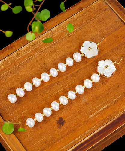 Sterling Silver Overgild Pearl Shell Flower Tassel Drop Earrings