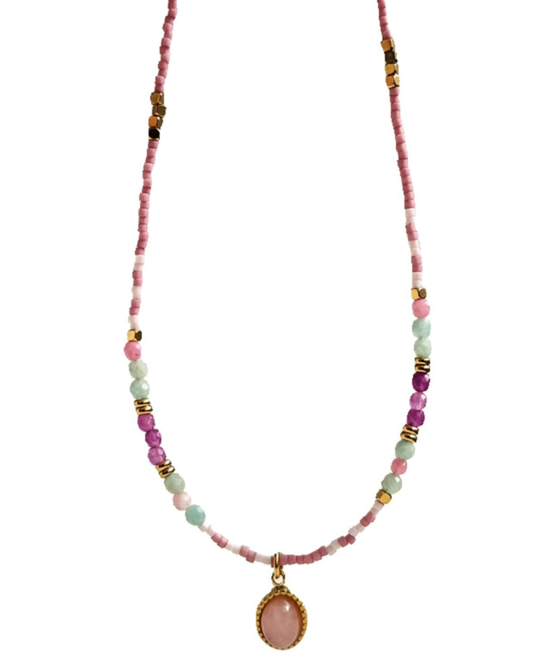 Style Light Purple Stainless Steel Zircon Agate Beading Pendant Necklace