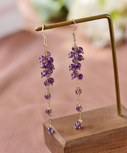 Style Purple Crystal Tassel 14k Gold Drop Earrings