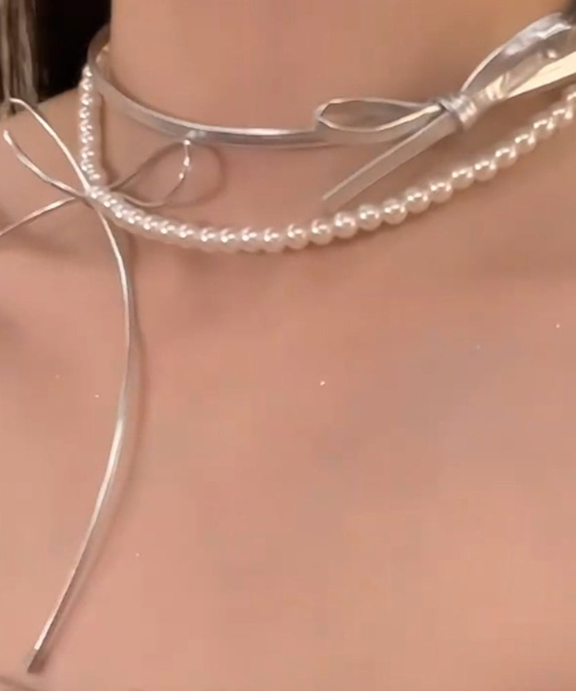 Style Silk Copper Portex Pearl Bow Pendant Necklace Yr014