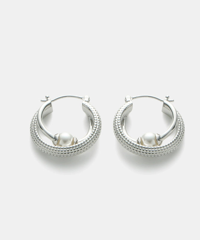 Style Silk Sterling Silver Double-layer Pearl Hoop Earrings