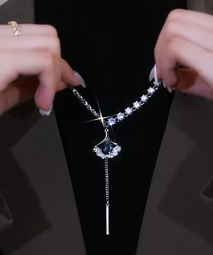 Style Silk Sterling Silver Zircon Ginkgo Leaf Tassel Lariat Necklace Gh1004