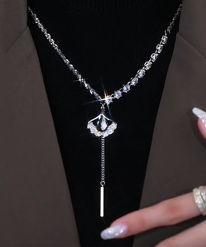 Style Silk Sterling Silver Zircon Ginkgo Leaf Tassel Lariat Necklace Gh1004