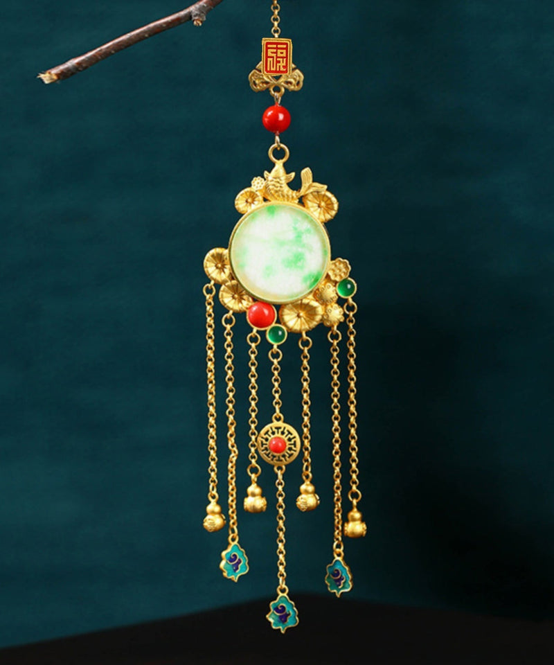 Stylish Gold Ancient Gold Auspicious Clouds Enamel Agate Tassel Brooches Kx1075