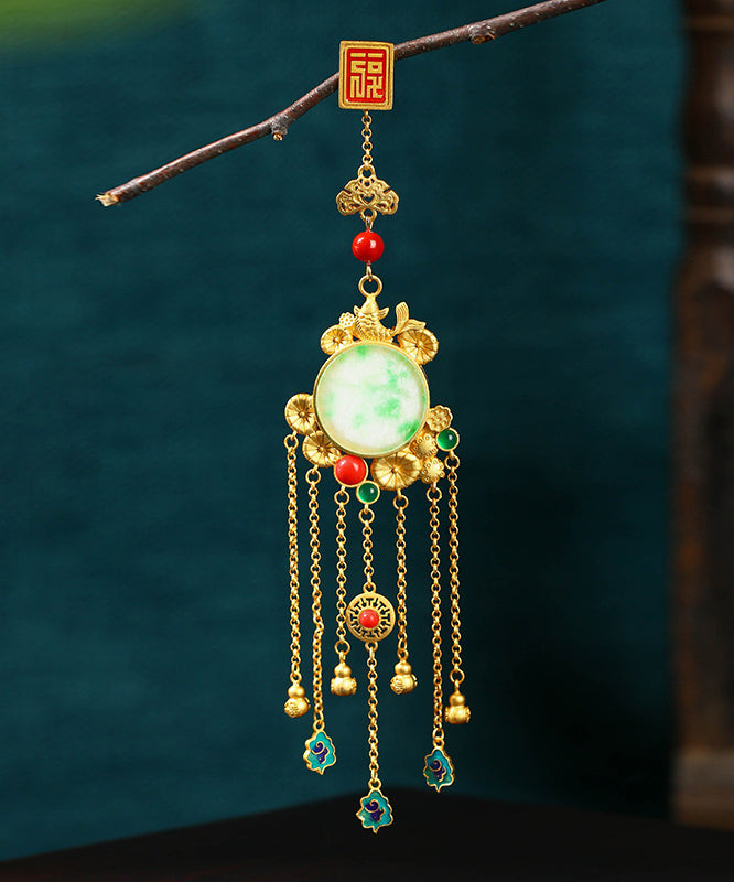 Stylish Gold Ancient Gold Auspicious Clouds Enamel Agate Tassel Brooches Kx1075