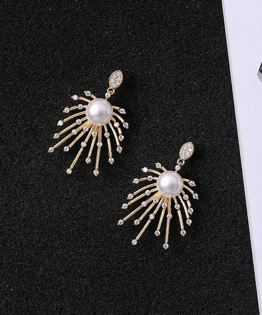 Stylish Gold Sterling Silver Copper Zircon Pearl Drop Earrings Kx1018
