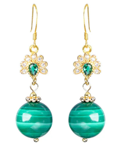 Sterling Silver Overgild Zircon Malachite Drop Earrings