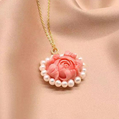 Stylish Red Sterling Silver Overgild Pearl Pendant Necklace