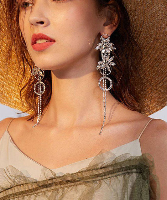 Stylish Silk Zircon Tassels Exaggeration Silver Drop Earrings