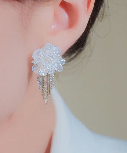 Stylish White Alloy Zircon Tassel Stud Earrings