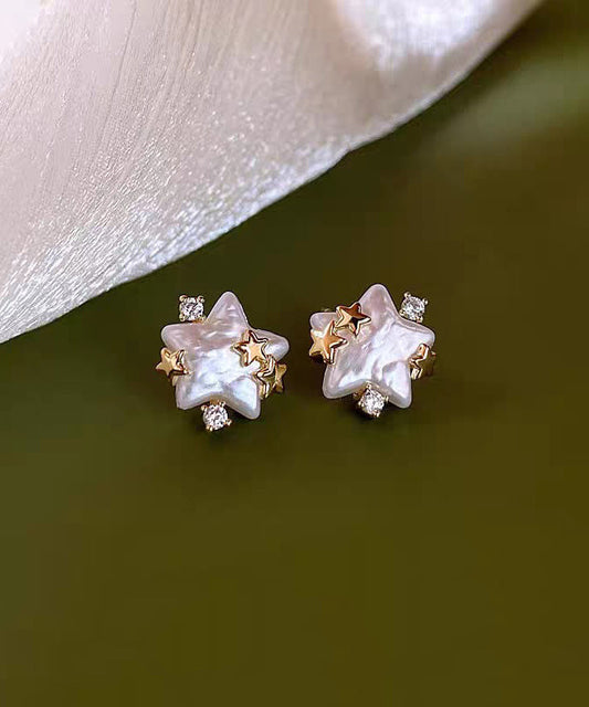 Stylish White Copper Alloy Zircon Star Pearl Stud Earrings