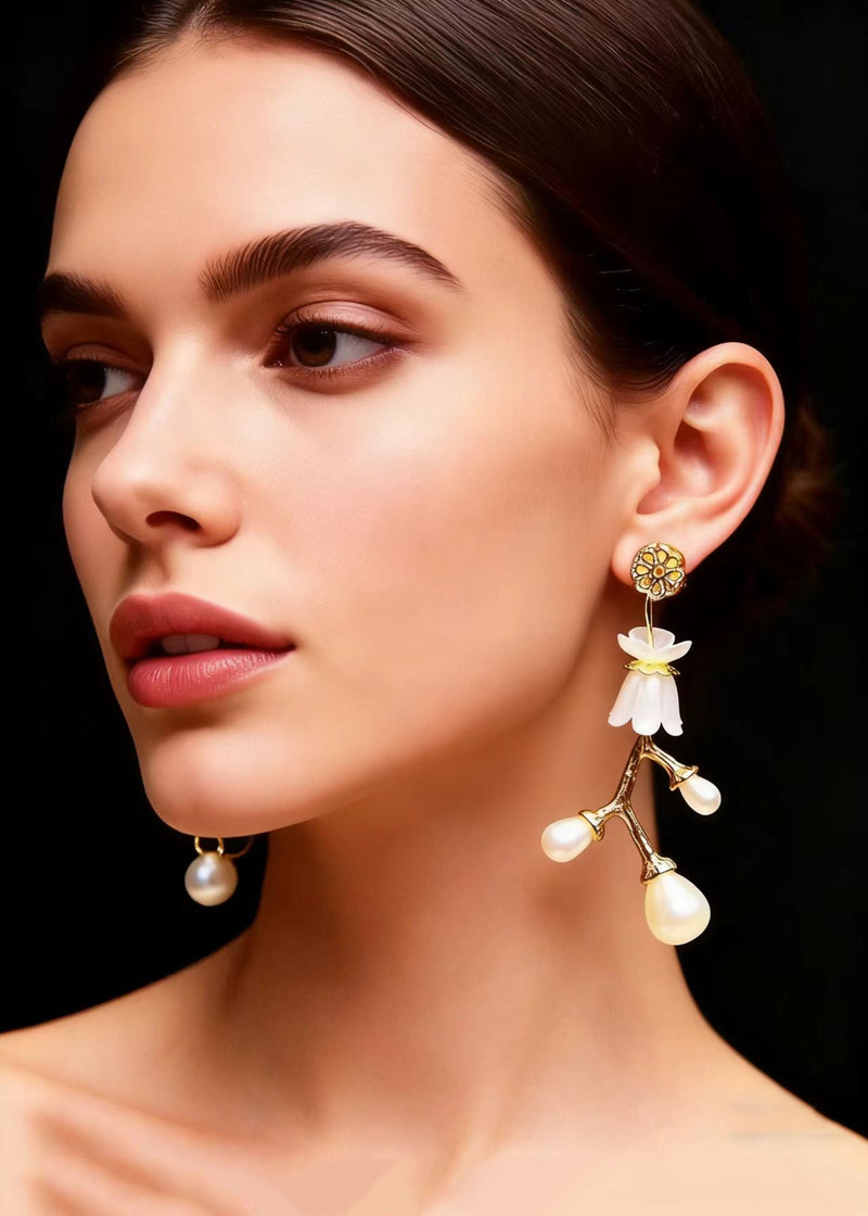 Stylish White Pearl Golden Branch Drop Earrings