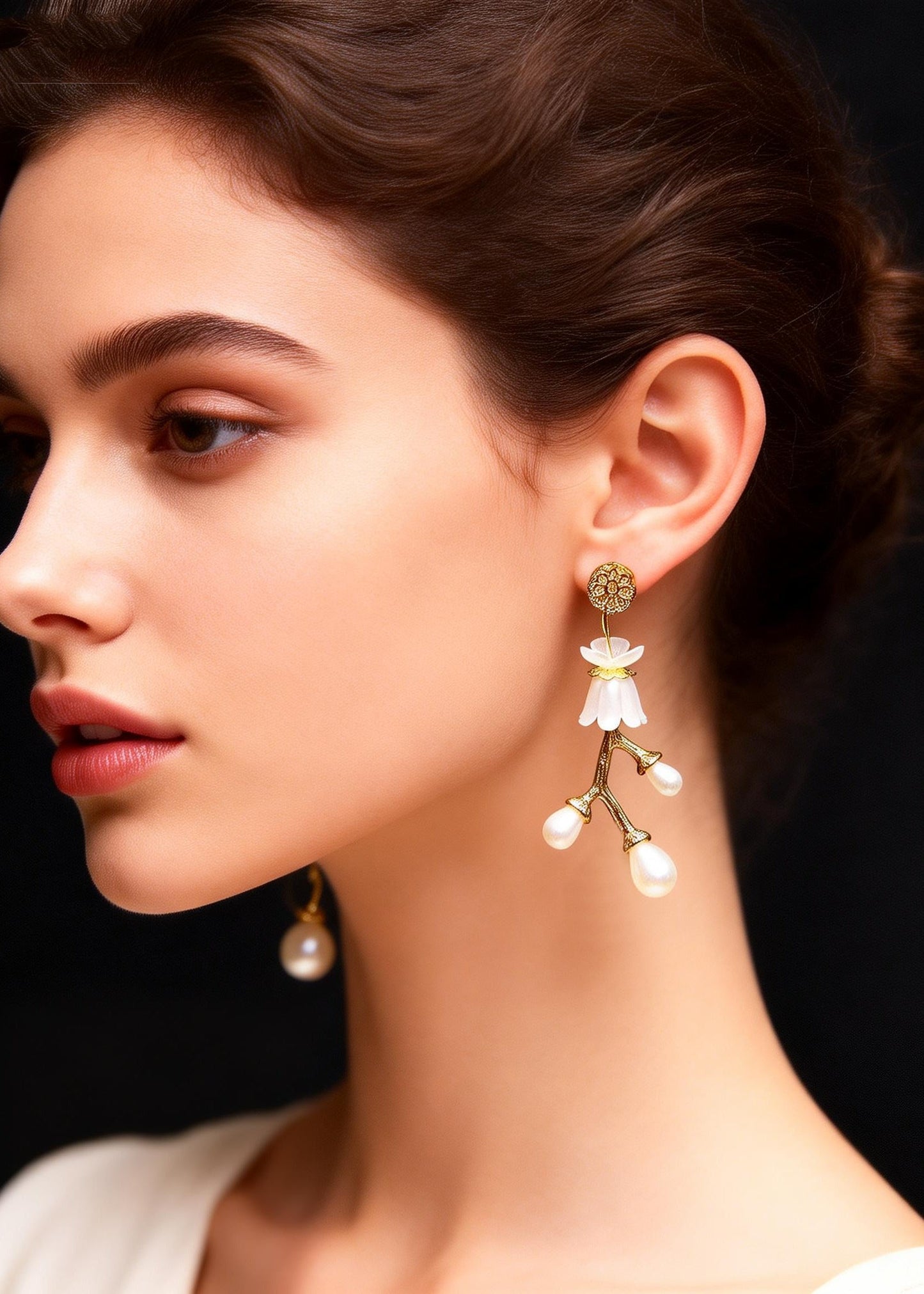 Stylish White Pearl Golden Branch Drop Earrings