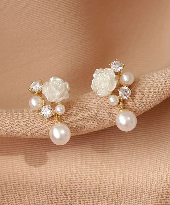 Stylish White Rose Flower Micro-set Pearl Earrings