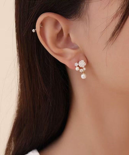 Stylish White Rose Flower Micro-set Pearl Earrings