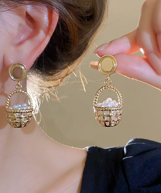 Unique Gold Copper Alloy Pearl Small Carrying Basket Hollow Outdrop Earrings