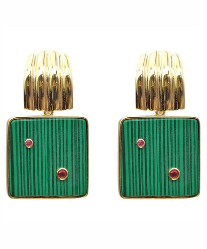 Sterling Silver Overgild Inlaid Square Malachite Hoop Earrings