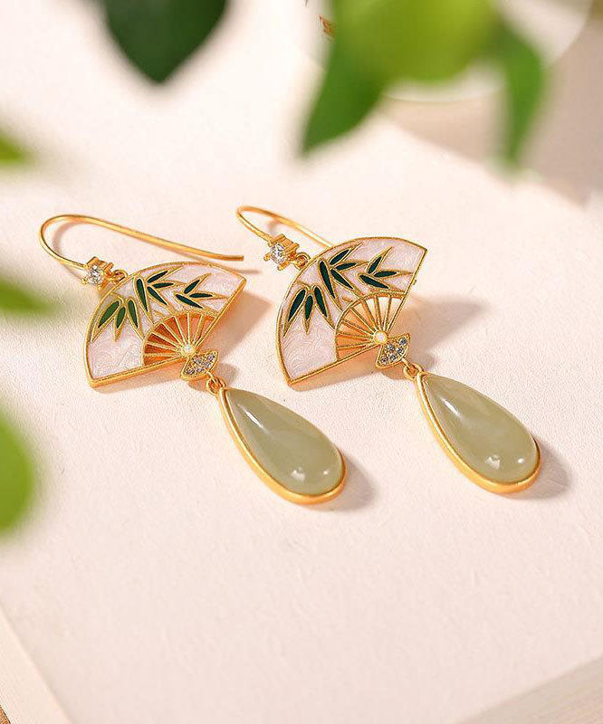 Unique Green Sterling Silver Overgild Pearl Zircon Fan Shaped Drop Earrings Tw1040