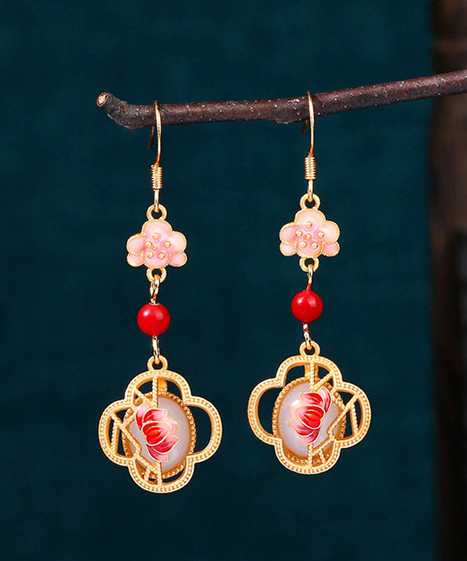 Unique Pink Copper Overgild Jade Enamel Lotus Drop Earrings