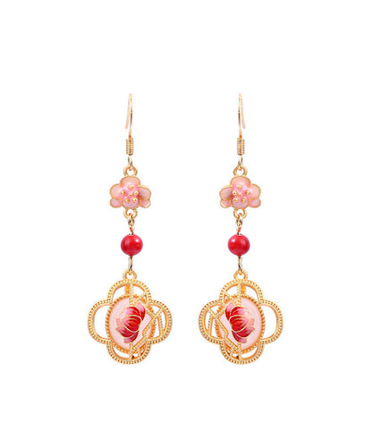 Unique Pink Copper Overgild Jade Enamel Lotus Drop Earrings