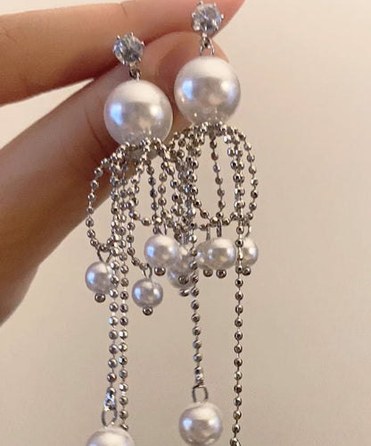 Unique Silk Sterling Silver Pearl Tassel Drop Earrings