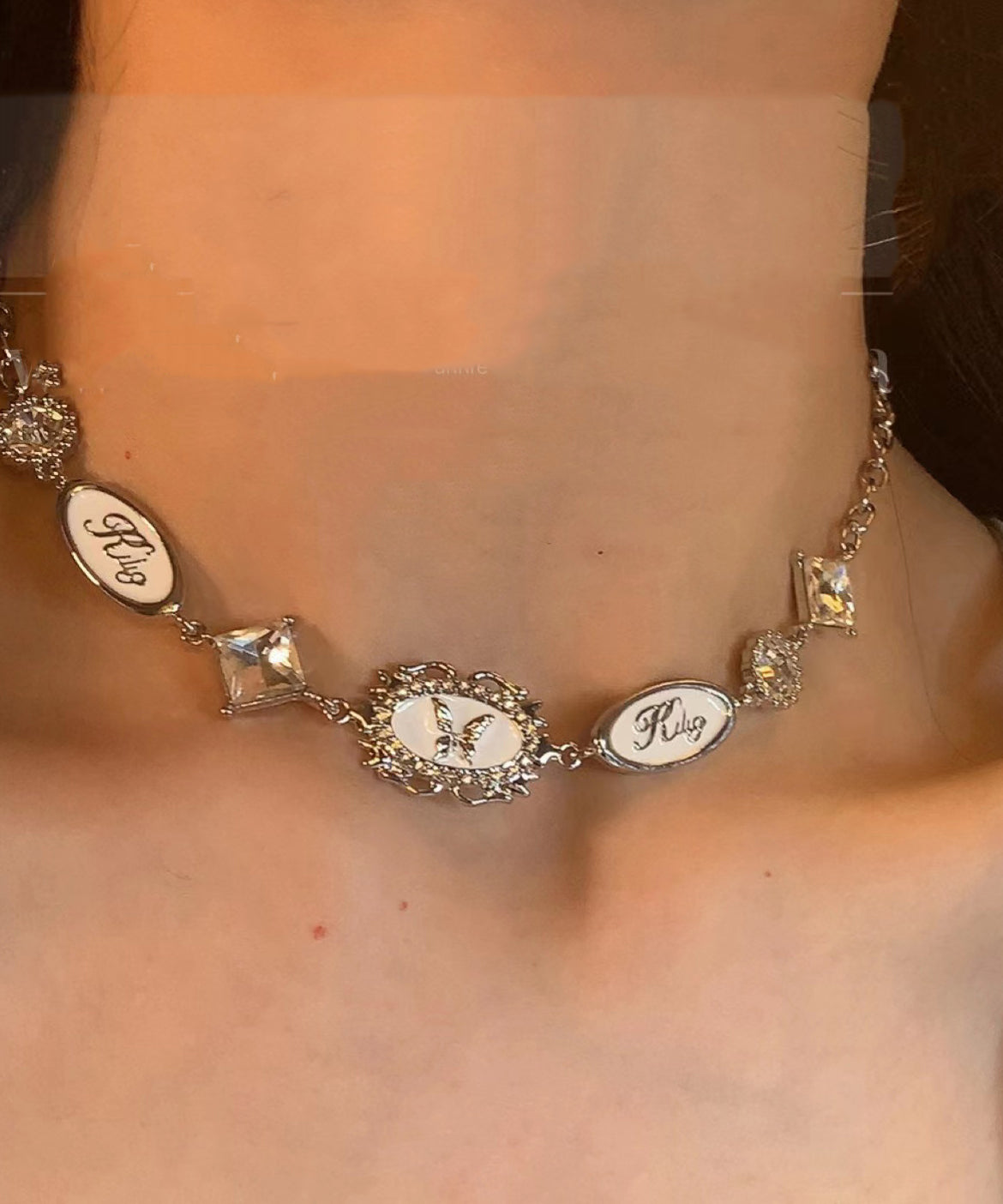Unique White Alloy Zircon Drip Glaze Butterfly Collar Necklace