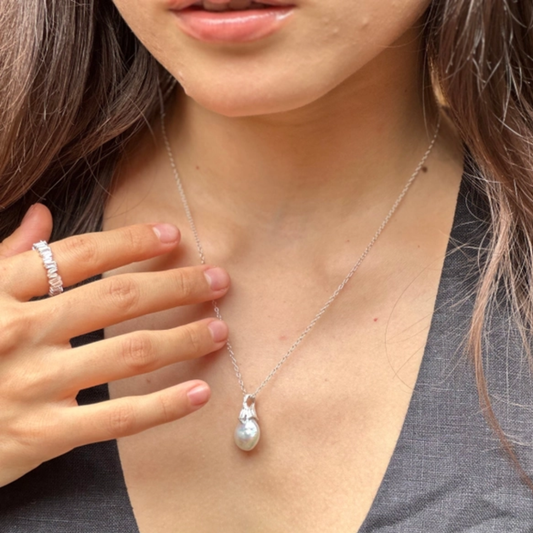 Silver Pearl & Lichen Necklace