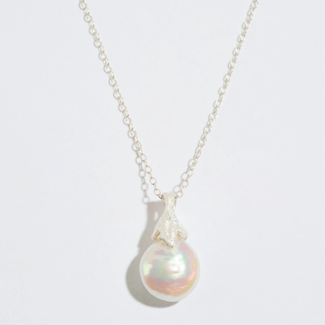 Silver Pearl & Lichen Necklace