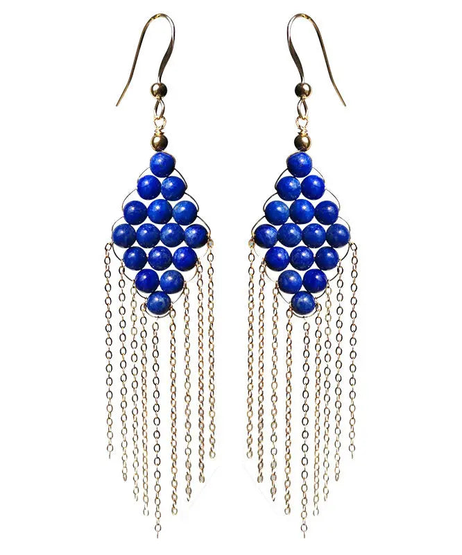 14k Gold Gem Stone Tassel Drop Earrings