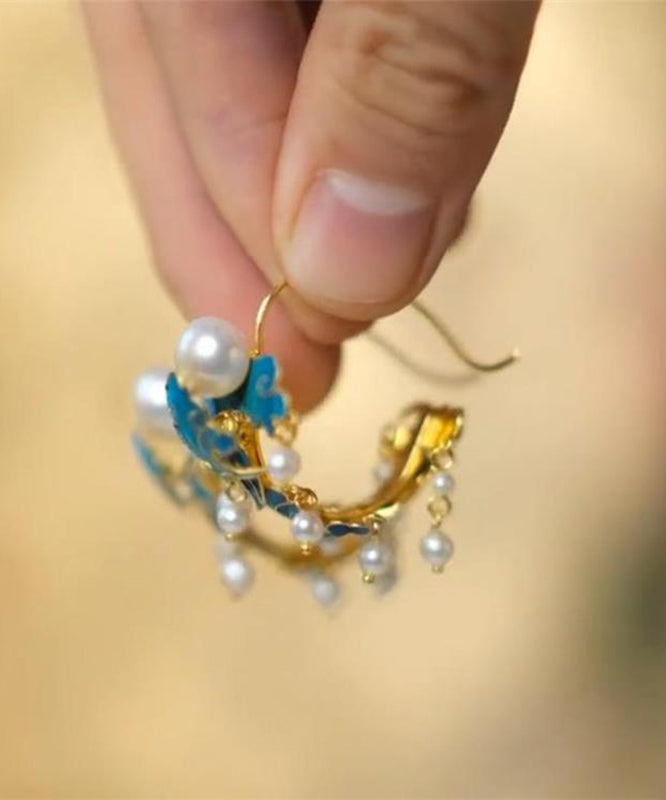 Blue Sterling Silver Cloisonne Enamel Pearl Tassel Hoop Earrings