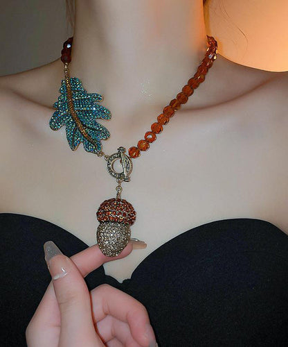 Coffee Alloy Zircon Crystal Leaves Pendant Necklace Qz019