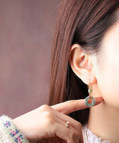 Retro Light Green Sterling Silver Overgild Jade Enamel Ping Buckle Drop Earrings Gh1011