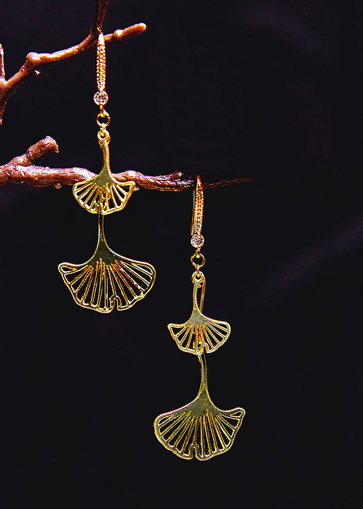 Ginkgo Leaf 14k Gold Zircon Drop Earrings