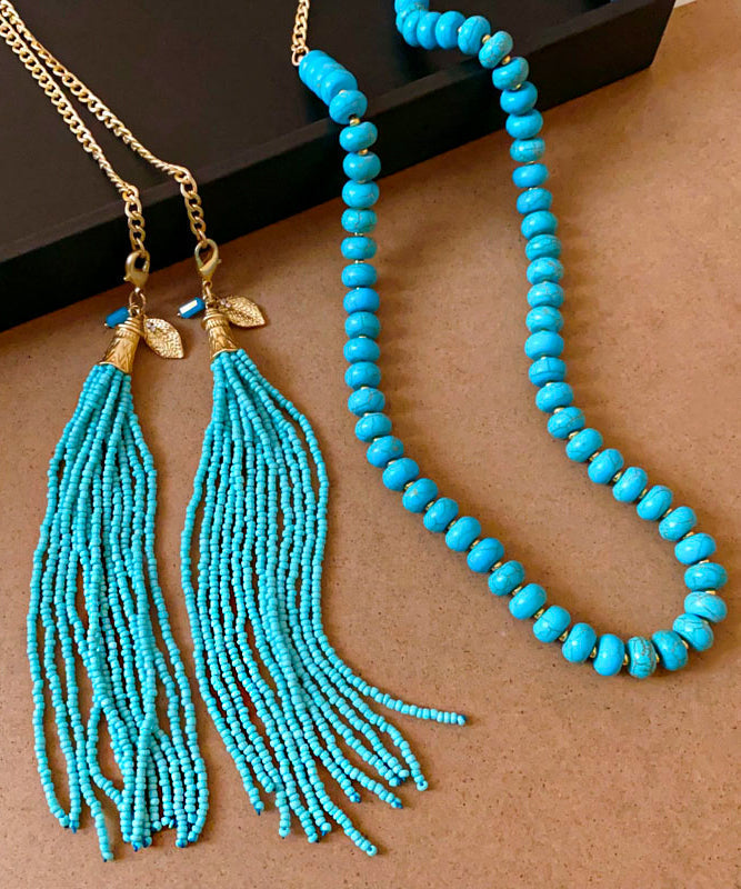 Gold Alloy Turquoise Beading Tassel Gratuated Bead Necklace Wo015