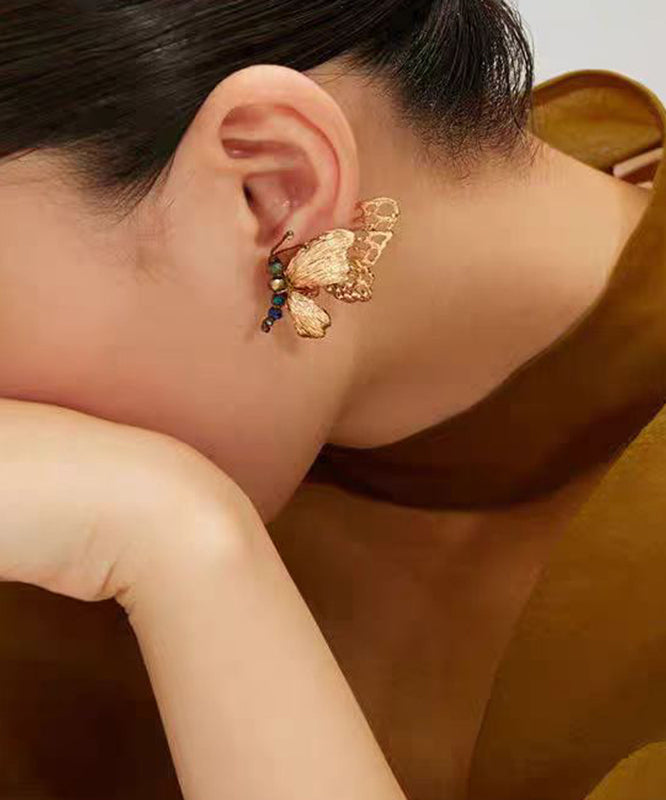 Gold Sterling Silver Overgild Butterfly Hollow Out Stud Earrings