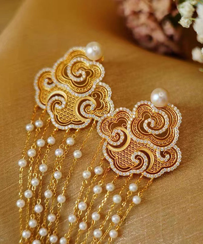 Gold Sterling Silver Overgild Pearl Auspicious Clouds Tassel Drop Earrings