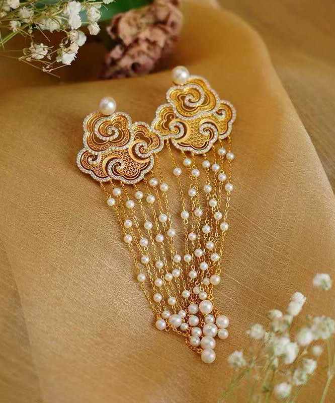 Gold Sterling Silver Overgild Zircon Auspicious Clouds Pearl Tassel Drop Earrings