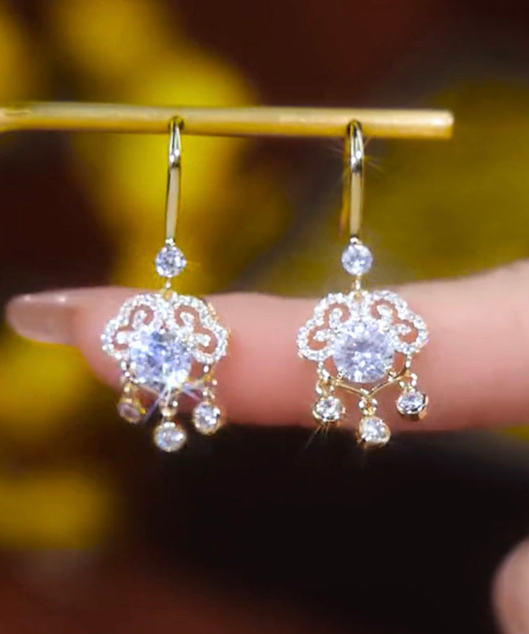 Gold Sterling Silver Overgild Zircon Safety Lock Tassel Drop Earrings