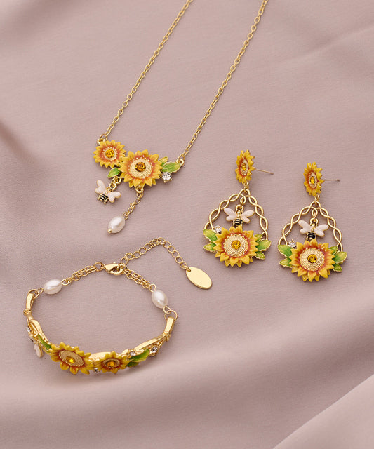 Gold Zircon Sunflower Pearl Tassel Lariat Necklace Bracelet and Drop Earrings Three Piece Set