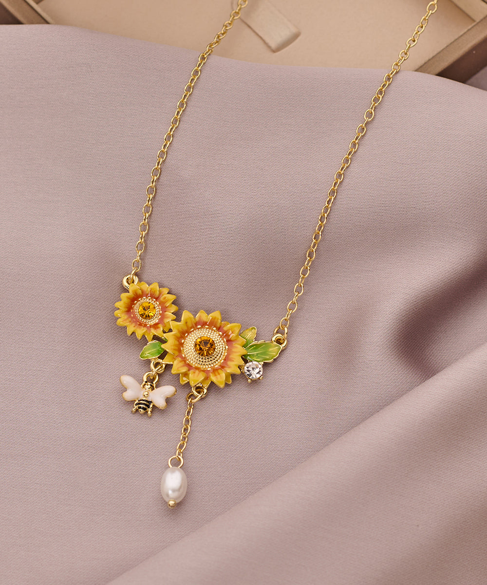 Gold Zircon Sunflower Pearl Tassel Lariat Necklace Bracelet and Drop Earrings Three Piece Set Et035