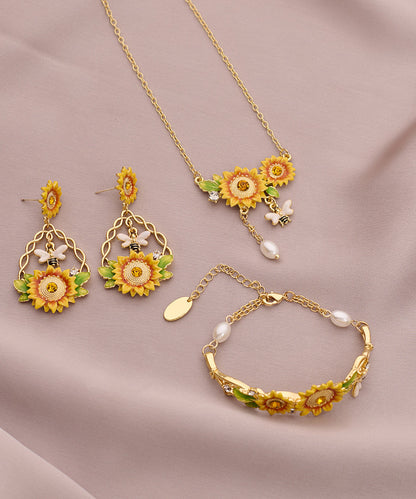 Gold Zircon Sunflower Pearl Tassel Lariat Necklace Bracelet and Drop Earrings Three Piece Set Et035