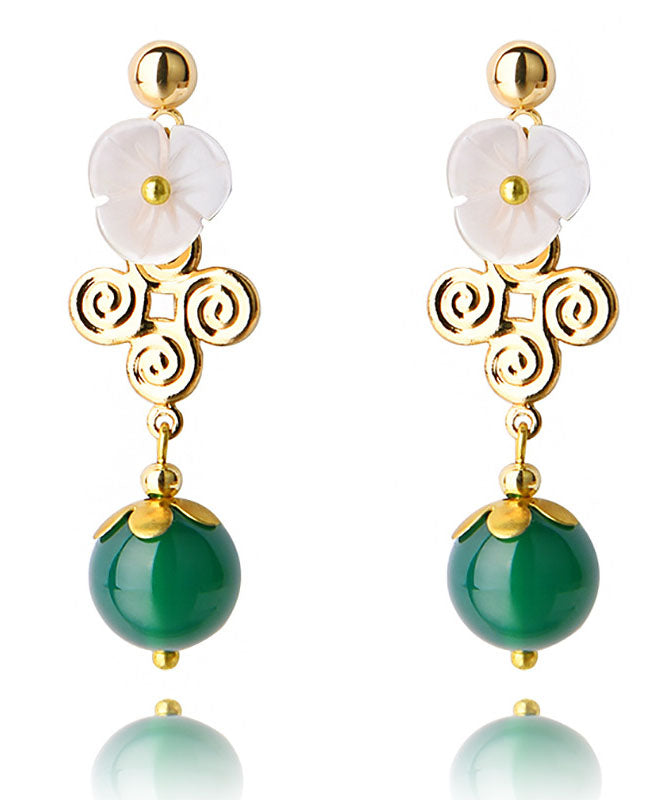 Green Agate White Shellfish Flower14k Gold Drop Earrings