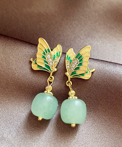 Green Copper Alloy Zircon Jade Butterfly Drop Earrings