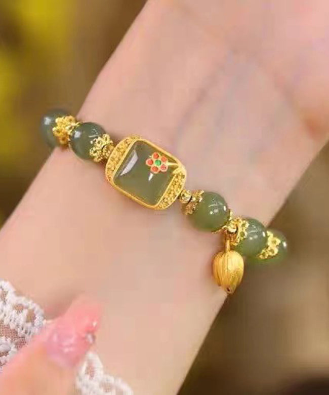 Green Sterling Silver Overgild Jade Lotus Charm Bracelet
