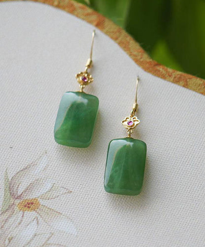 Green Sterling Silver Square Jade Drop Earrings Tw1051
