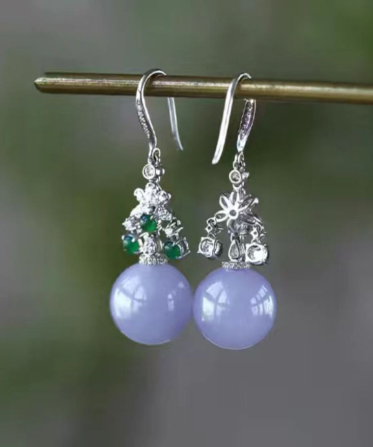 Green Sterling Silver Zircon Jade Ball Drop Earrings