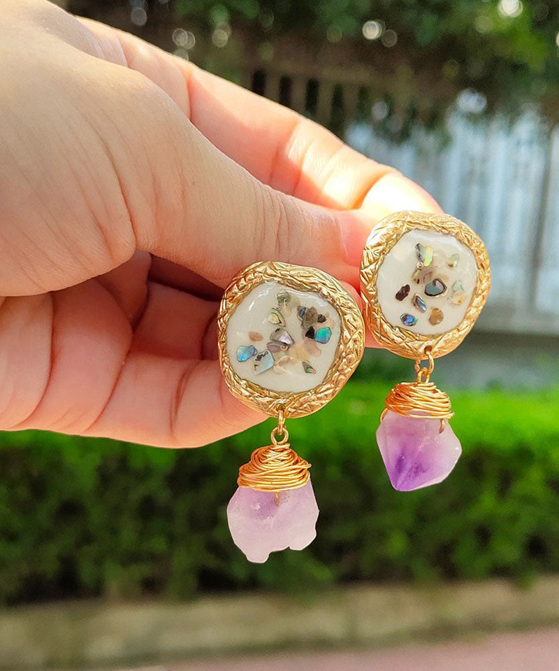 Light Purple Alloy Gem Stone Drop Earrings