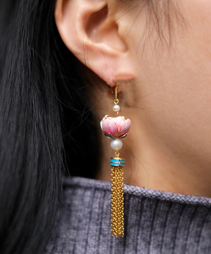 Pink Sterling Silver Overgild Feathers Inlaid Lotus Drop Earrings
